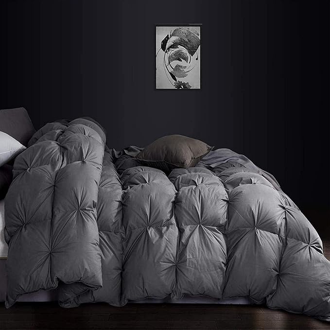Luxurious Heavyweight Goose Down Feather Fiber Comforter Duvet Insert, Exquisite Gray Pinch Pleat Design, Oversize Queen 98 x 98, Premium Baffle Box 100% Egyptian Cotton, 70 oz Fill Weight