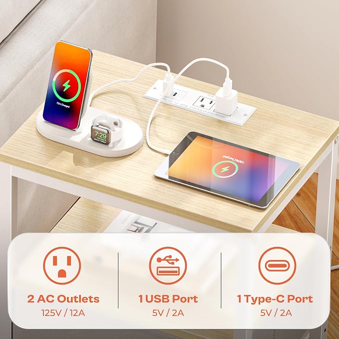 SUPERJARE Nightstand with Charging Station, Bed Side Table with Adjustable Fabric Drawer, Night Stand for Bedroom, 3-Tier Storage End Table, for Living Room, White Maple - Image 4