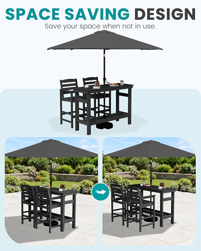 SERWALL Outdoor Bar Set with 9ft Umbrella, All-Weather HDPE Patio Bar Chairs and Table, Outdoor Furniture Set, Black (Umbreall Base not Included) - Image 2