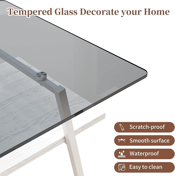 IANIYA Glass Coffee Table for Living Room Small Gold Mid Century Coffee Table for Living Room with Wood Shelves (White Frame, Gray Glass + White Wood)