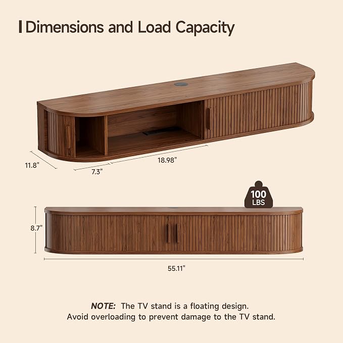 55" Floating TV Stand with Power Outlet for TVs up to 65", Fluted Entertainment Center with Remote Control for LED Lights, Mid-Century Modern TV Console w/Sliding Door for Living Room, Bedroom Walnut - Image 2