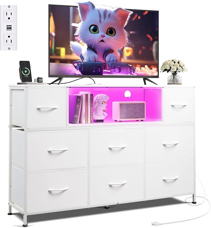 WLIVE White Dresser TV Stand for 45, 50, 55 inch TV, Entertainment Center with LED Lights & Charging Station, Chest of Drawers with 8 Fabric Drawers and Open Shelves for Living Room, Hallway, Wood Top by WLIVE