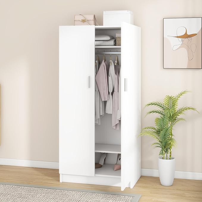 Panana 2 Door Wardrobe Closet Bedroom Armoires with 2 Shelves Storage, Hanging Rail for Bedroom (White)