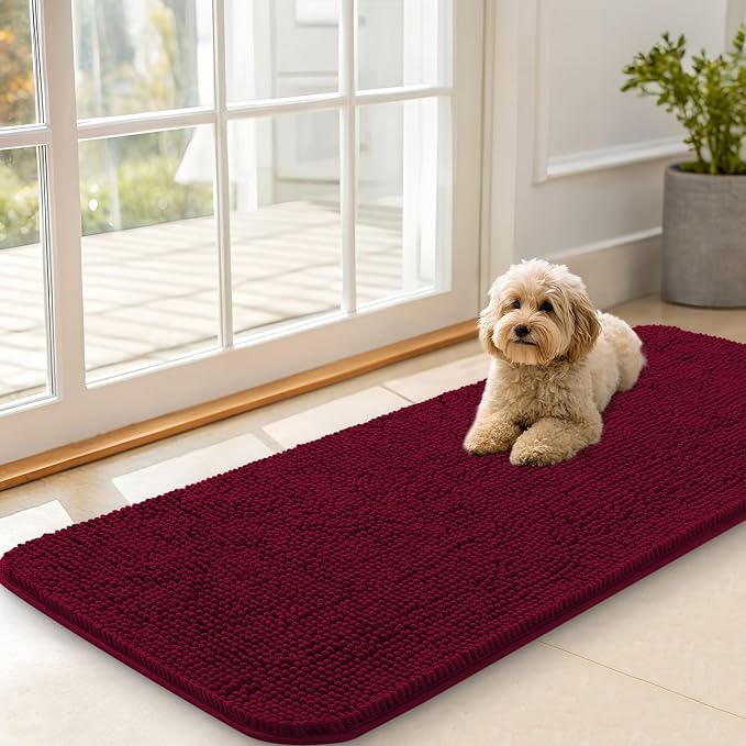OLANLY Dog Door Mat for Muddy Paws 47x20, Absorbs Moisture and Dirt, Absorbent Non-Slip Washable Doormat, Quick Dry Chenille Mud Mat for Dogs, Entry Indoor Entryway Carpet for Inside Floor, Burgundy by OLANLY