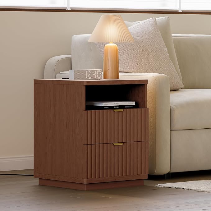 Nightstand with Charging Station, Night Stand with Open Shelf and 2 Drawers for Bedroom, Side Table Bedside Table with USB Ports & Outlets, Small Nightstand End Table (Walmut) - Image 3