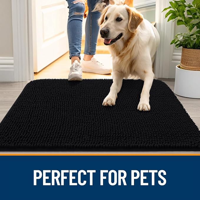 OLANLY Dog Door Mat for Muddy Paws 45x27, Absorbs Moisture and Dirt, Absorbent Non-Slip Washable Doormat, Quick Dry Chenille Mud Mat for Dogs, Entry Indoor Entryway Carpet for Inside Floor, Black - Image 6