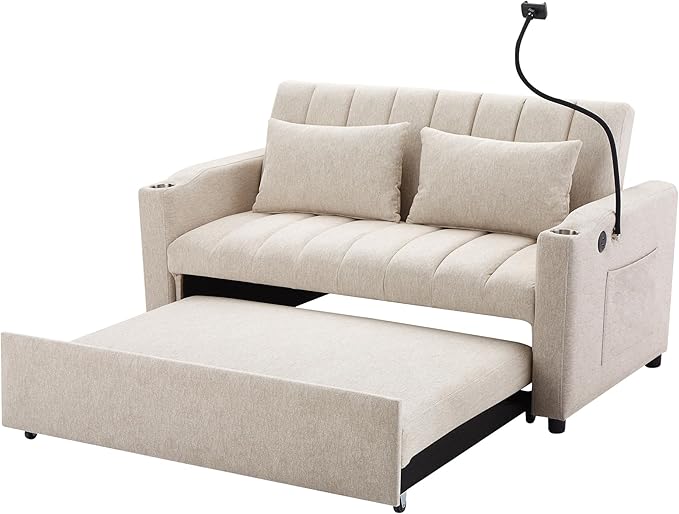 Eafurn 3 in 1 Convertible Sleeper Sofa Bed - Pull Out Couch Bed with Side Pockets, 55.9" Futon Love Seat Sleeper with Cup Holders and 360°Swivel Phone Holder for Living Room