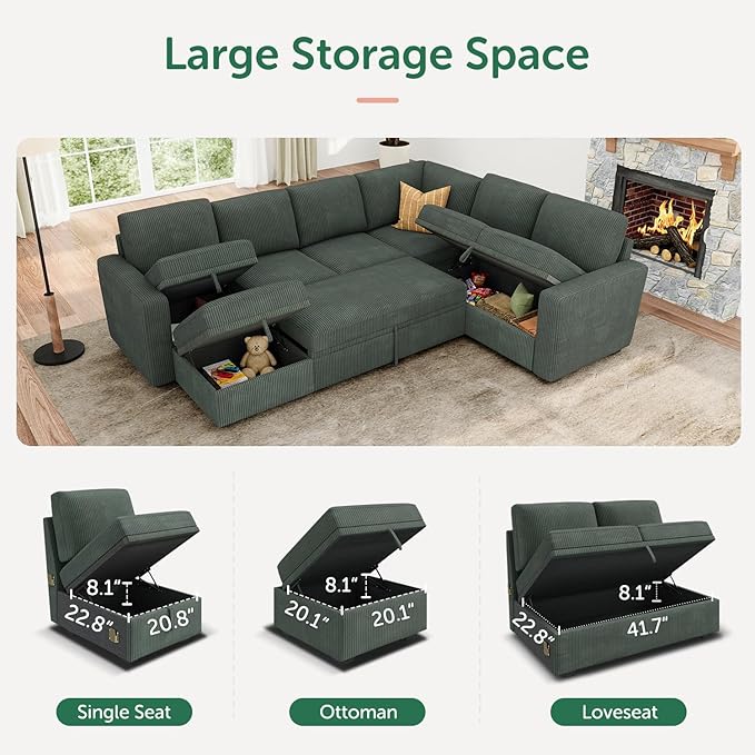 HONBAY Modular Sectional Sleeper Sofa with Pull Out Bed, Corduroy Couch with Storage Seats Ottoman, U Shaped Sectional Couches for Living Room, Green