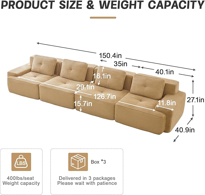 Casaphoria 150'' Camel Corduroy Cloud Couch, 4-Seater Boneless Sectional Sofa with 4 Pillows for Living Room, Deep Seat Sofa, No Assembly Required