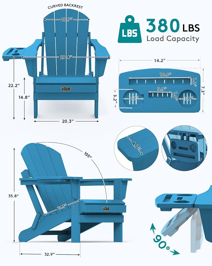 SERWALL Folding Adirondack Chair with 4 in 1 Multi-Functional Cup Holder, Wood Texture Adirondack Chairs for Patio Garden Outdoors, All-Weather Plastic Fire Pit Chairs - Sapphire - Image 2