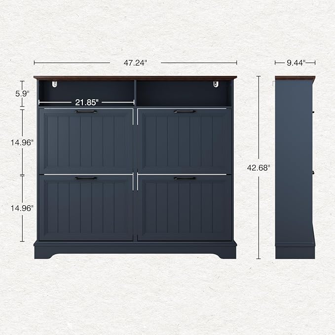 Shoe Storage Cabinet with 4 Flip Drawers, Farmhouse Modern Hidden Shoes Rack Cabinet with Adjustable Shelves & Open Storage, Narrow Slim Shoe Organizer for Front Door Entrance, Entryway, Navy Blue - Image 2