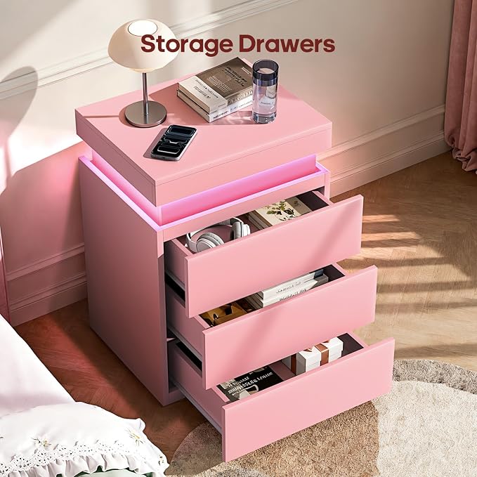 ADORNEVE Nightstand with Charging Station and LED Lights,Night Stand with Sliding Top,Bedside Table with Drawers,Modern End Side Table for Bedroom,Pink - Image 5