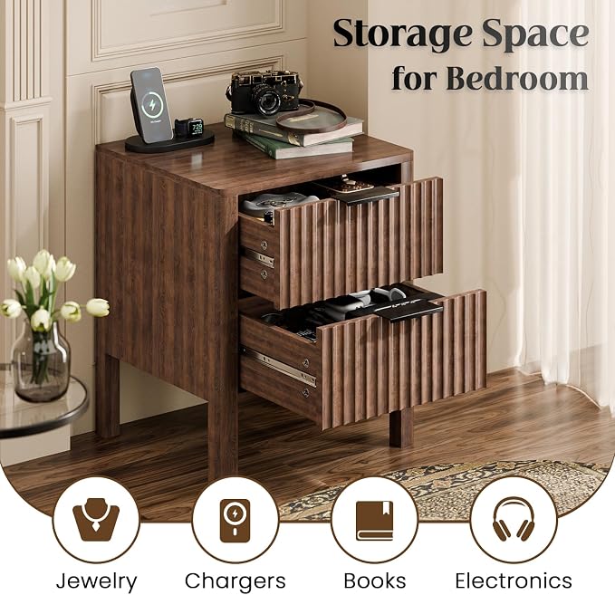 MODNEST 18" Fluted Nightstands Set of 2, Bed Side Tables with Drawers for Bedroom Mid Century Modern Night Stand Wood Nightstand Small End Table Bedroom Set, Walnut - Image 6