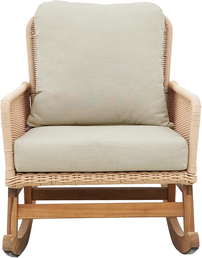 Christopher Knight Home Nadine Patio Rocking Chair, Wicker Rocker, Wood Leg Rocking Chair, PE Rattan Wicker Chair, Rocking Chair with Cushions, Comfort Wicker Rocker for Backyard Balcony Porch, Beige - Image 10