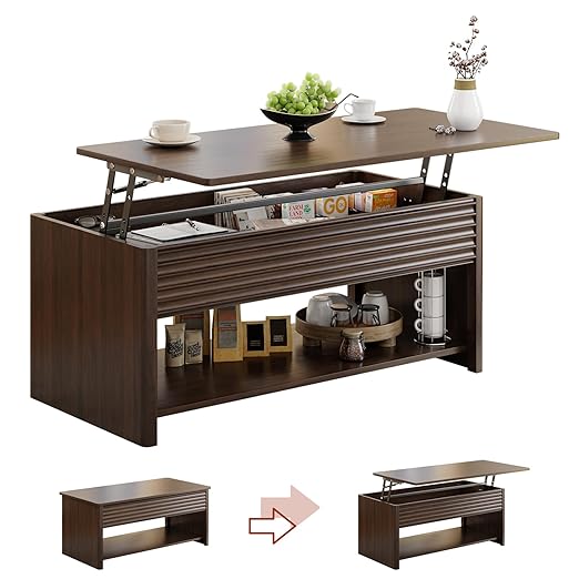 Fluted Lift Top Coffee Table for Living Room, Small Coffee Table with Storage Hydraulic Lift Large Capacity, Sturdy Legs Safe Round Corner, Easy Assembly for Small Spaces, Horizontal Grain-Brown