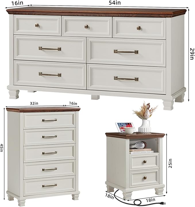 SAVOR LIFE Farmhouse Dresser and Nightstand Sets 4 Piece, 5/7 Drawer Dresser & 2 Drawer Nightstand Set, Rustic Wood Bedroom Furniture Set for Home, Bedroom, Hallway, White