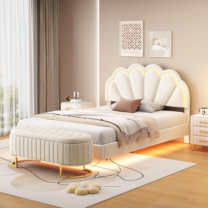 2-Pieces Bedroom Sets,Full Size Upholstered Led Platform Bed with Storage Ottoman,Easy to Assemble,No Box Spring Needed (Beige-4)