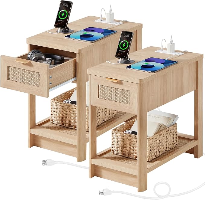 Lerliuo Narrow Night Stand with Charging Station, Boho Nightstand with Drawer, Bed Side End Table with Rattan Shelf for Small Spaces, Wood Nightstands Bedside Tables for Living Room Bedroom - Image 8