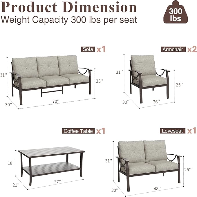 RoyalCraft Outdoor Patio Furniture Set, 5 Piece Patio Conversation Set with Coffee Table, Metal Furniture Set for Porch Backyard Garden, Coffee