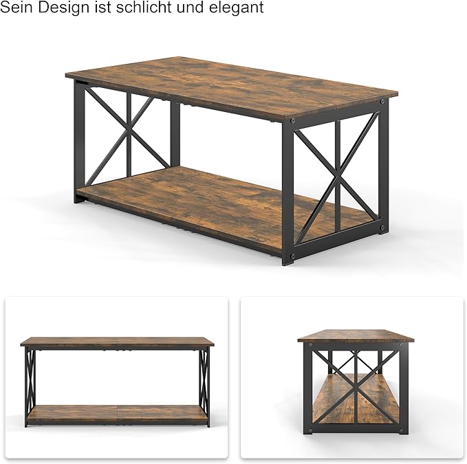 Rectangle Coffee Table for Living Room, Wood Rustic Coffee Table with 2 Tier and Metal Frame, Industrial Modern Center Table, Rustic Brown