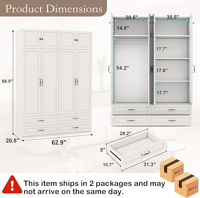 White Armoire Wardrobe Closet: 88" Extra Tall Wardrobe Cabinet with 4 Drawers, Large Wood Armoire Closet with 4 Doors, Modern Bedroom Armoires with Top Cabinet