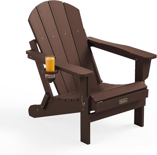 SERWALL Folding Adirondack Chair with Cup Holder for Outdoor, All-Weather Patio Chairs with Wood Texture, Fire Pit Chairs for Deck Porch Garden (Folding Coffee) by SERWALL