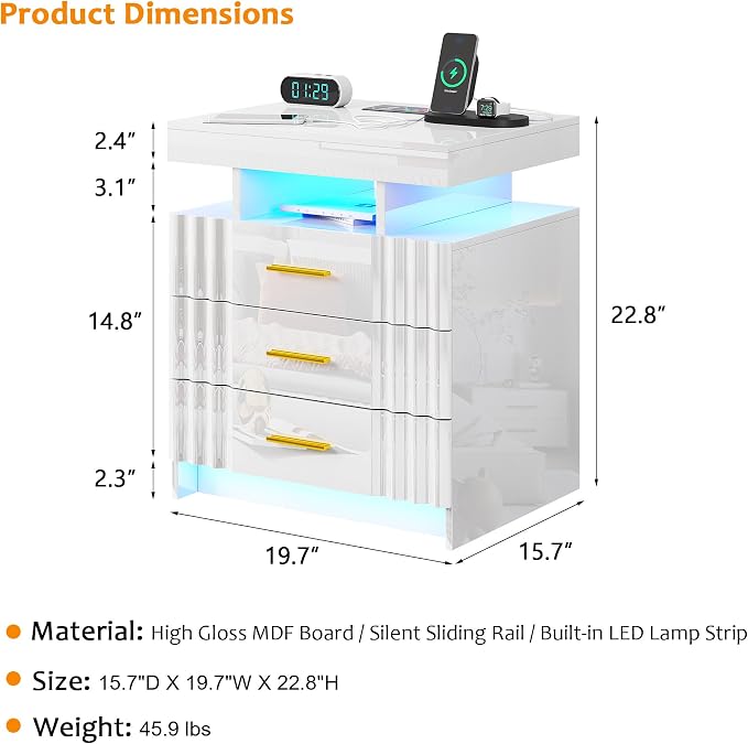HNEBC LED Nightstand,White Night Stand with Charging Station-USB+Type-C+Wireless Charging,Smart Bedside Table has Auto Sensor, High Gloss Bedside with 3 Drawers for Bedroom - Image 2