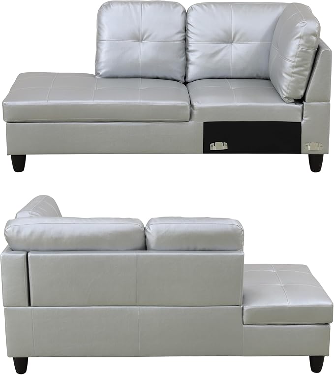 103.5 Inch Modern L-Shaped Couch, PU Leather Sectional Sofa with Chaise Lounge, 4-Seater Couch with Accent Pillows for Living Room, Apartment, Silver