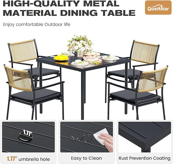 5-Piece Outdoor Dining Set for 4, Rectangle Expandable Table with Umbrella Hole, 4 Wicker Rattan Chairs with Soft Cushion,Patio Dining Set, Conversation Set for Backyard, Garden & Poolside, Black - Image 4