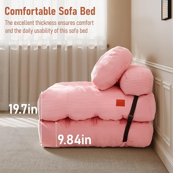 Folding Sofa Bed, Convertible Sleeper Chair with Back Support and Pillow Futon,Boneless Foldable Couch for Living Room/Guest Use/Home Office, Foldable Chair Bed for Adults, Pink