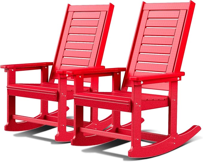GREENVINES Outdoor Rocking Chairs | Set of 2 | Porch Rocker | HDPE Plastic | Red | Oversized Rockers | High Back | Big & Tall | Ladder Back | for Patio Outside Backyard Balcony by GreenVines