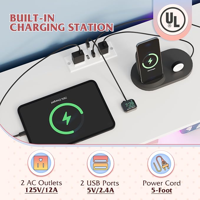 WLIVE Dresser TV Stand for 45, 50, 55 inch TV, Entertainment Center with LED Lights & Charging Station, Chest of Drawers with 8 Fabric Drawers for Living Room, Tie-dye Print (Pink, Purple, Blue) - Image 5
