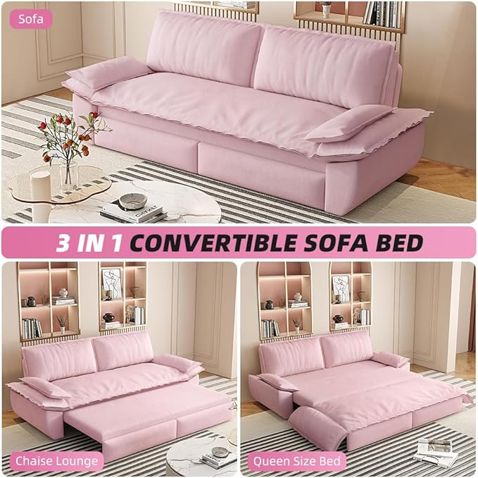 3-in-1 Convertible Sofa Bed Queen Size Pull Out Sleeper Sofa with Heavy Duty Metal Frame, Luxurious Velvet Upholstered Loveseat with 2 Pillows, Modern Folding Guest Bed for Living Room, Apartment