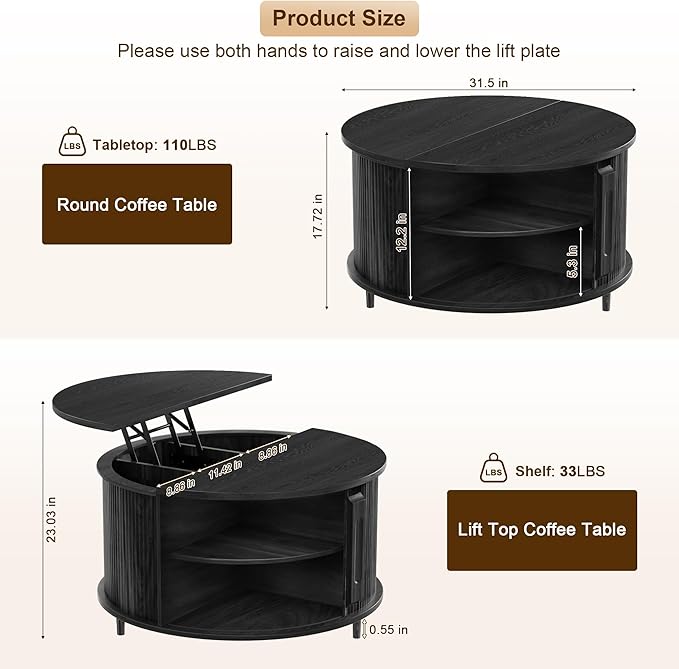 Round Lift Top Coffee Table, 31.5" Fluted Wood Accent Coffee Table with 180° Curved Sliding Door, Hidden Storage, Mid Century Modern Center Table for Living Room Office Small Spaces, Black