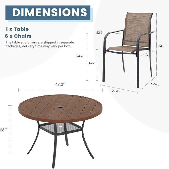 DIFY Outdoor Dining Set for 6, Patio Dining Furniture Set Includes 47.2" Walnut Round Table with Adjustable Umbrella Hole and 6 Brown Stackable Metal Chairs for Poolside, Garden, Backyard - Image 2