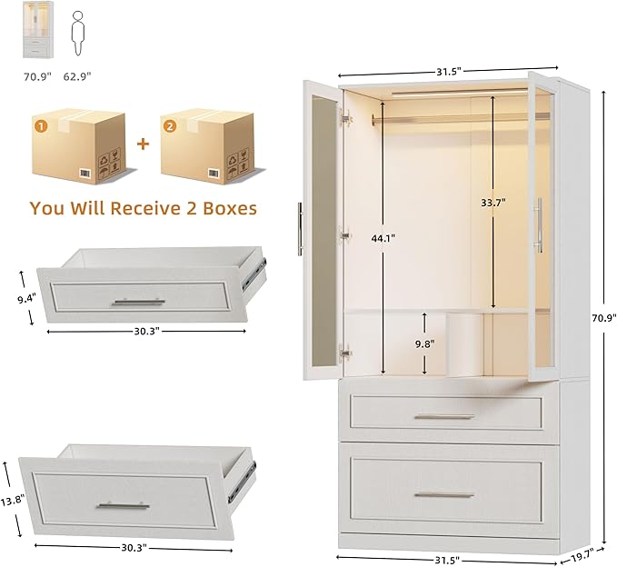 PAKASEPT Armoire Wardrobe Closet with Glass Door and Drawers, Bedroom Closet Wardrobe Cabinet with Hanging Rod, Lighted Freestanding Armoire Storage Cabinet for Bedroom Cloakroom White