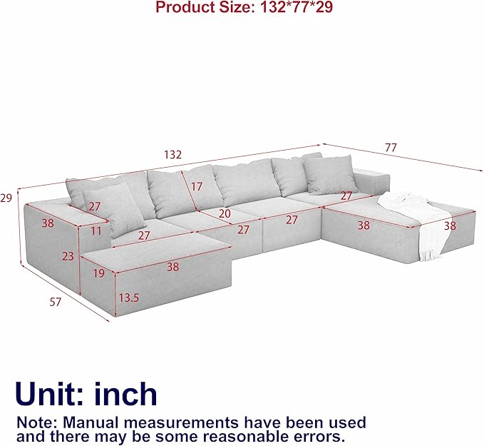 KEIKI 132" Boneless Sofa with Ottoman, L Shaped Corner Couch, Upholstered Corduroy Free Combination Sectional Couch for Living Room, Bedroom, Gray