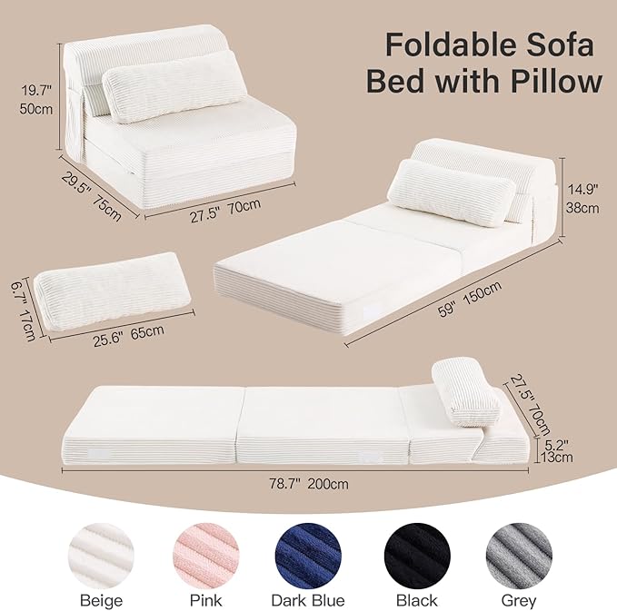 Folding Sofa Bed with Pillow, Convertible Sleeper Chair, Comfy Floor Futon Couch Mattress Lounge Sofa for Adults Portable Fold Out Chair Bed for Living Room Bedroom, Single, Beige