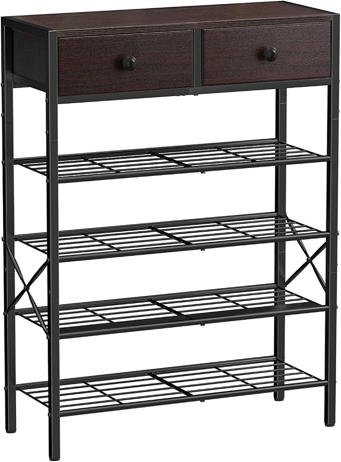Shoe Rack for Entryway, 5 Tier Shoe Organizer with 2 Non-Woven Drawers, Metal Storage Shoe Shelf for 16-20 Pairs of Shoes, with Wooden Top and Steel Frame, Shoe Stand for Closet Dark Brown by UNITSTAGE