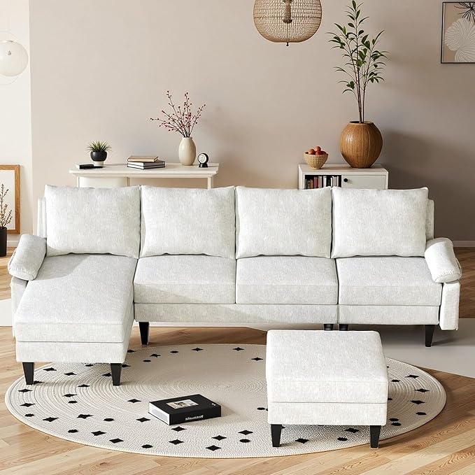 Sectional Couches for Living Room, Convertible 4 Seat Modular Sectional Sofa Set for Living Room, L Shaped Couch or U Shaped Couch with Ottoman for Apartment, White
