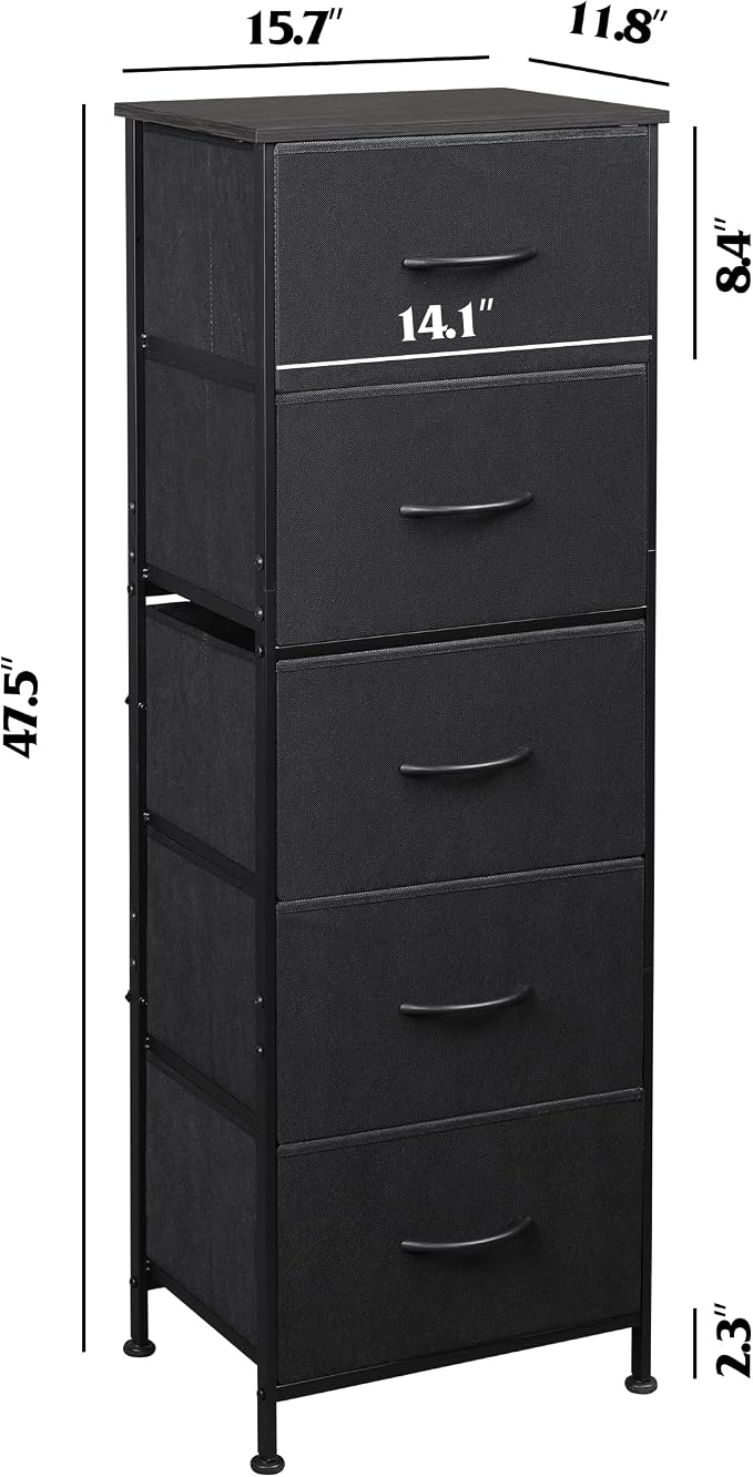WLIVE Fabric Dresser, 5-Drawer Tall Dresser for Bedroom, Storage Organizer with Fabric Bins, Wood Top, Sturdy Steel Frame, Chest of Drawers for Closet, Hallway, Charcoal Black - Image 3