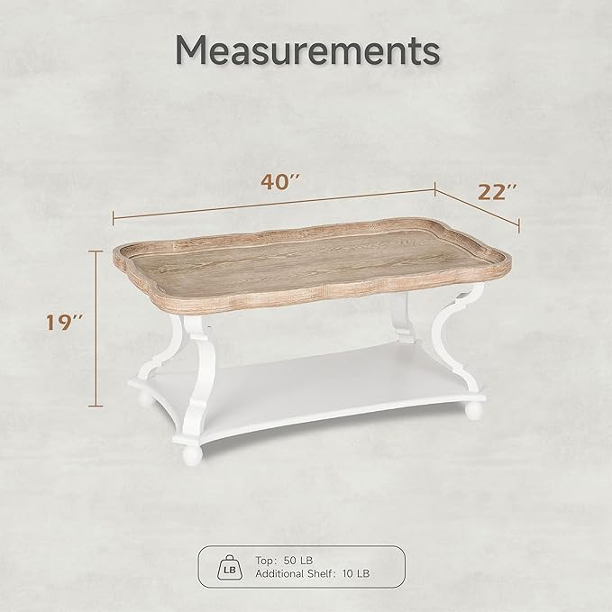 COZAYH Rustic Farmhouse Cottagecore Coffee Table, Natural Tray Top Sofa Table for Family, Dining or Living Room, Small Spaces, Handcrafted Finish, Modern