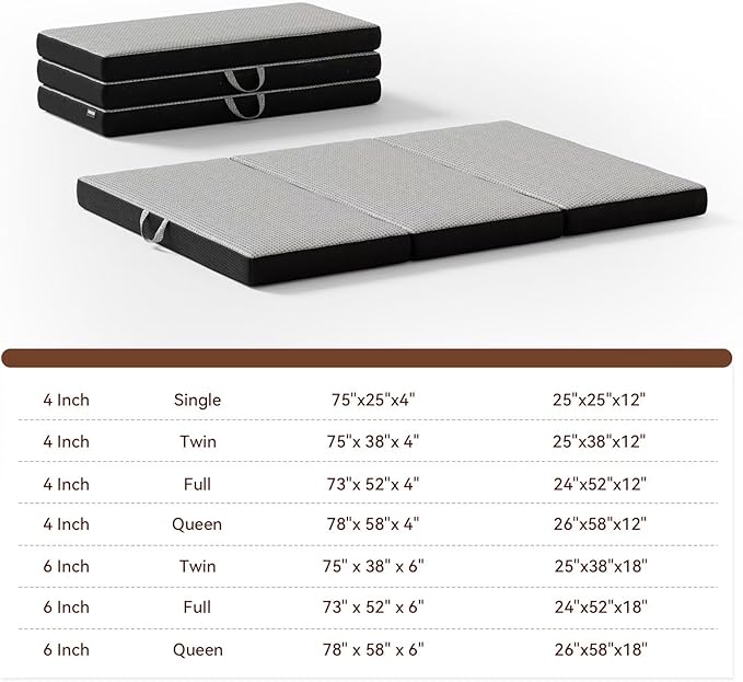 ROXGOX Memory Foam Trifold Mattress, Queen Portable Floor Bed 4 Inch, Foldable Mat with Washable Cover, Handle & Non-Slip Bottom, for RV, Travel, Camping, Yoga, 78"x58"x4", Grey