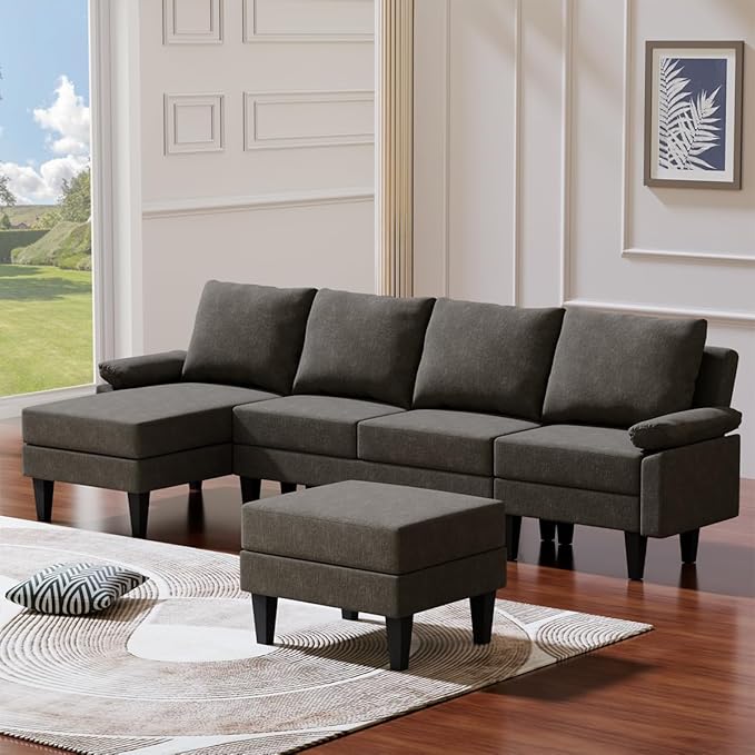 115 Inch Modular Sectional Sofa with Storage Ottoman, Modern L-Shaped Sectional Couch with Chaise, Chenille Couch for Living Room, Apartment or Small Spaces, Brown