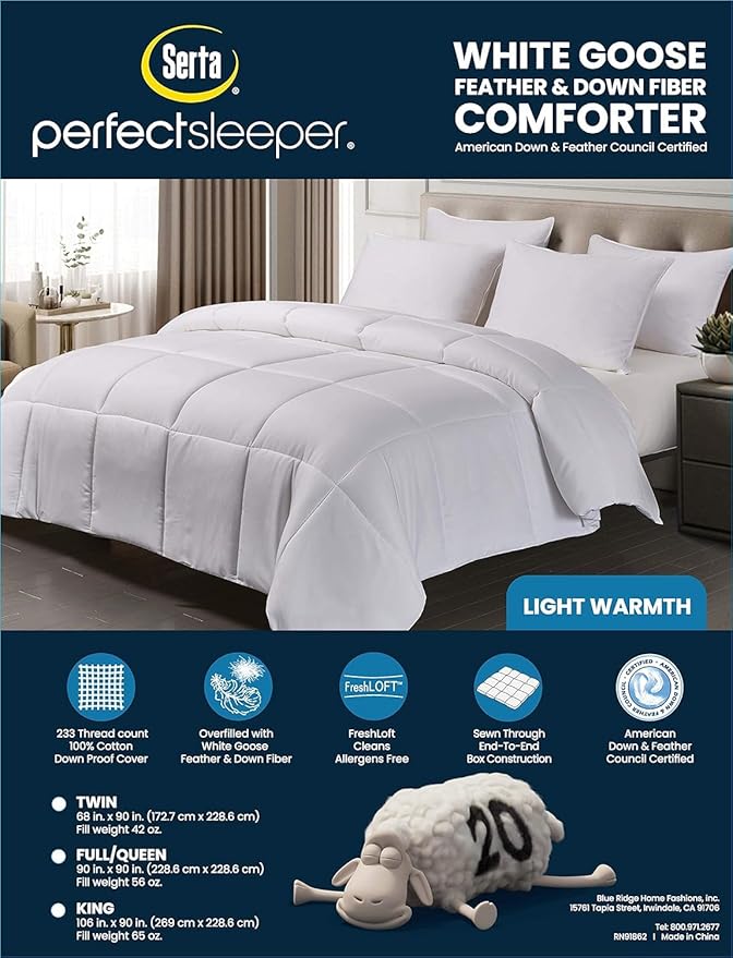 Serta Goose Feather Down Fiber Cotton Comforter King Size - 100% Cotton Duvet Insert - Hotel Luxury Hypoallergenic Bedding Comforter Light Warmth 106 x 90 Inch White