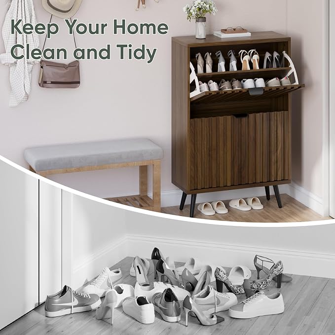 Smuxee Shoe Cabinet with 2 Flip Drawers, 23.6" Walnut Hidden Shoe Storage Cabinet with Fluted Design, Freestanding Shoe Organizer Cabinet for Entryway, Hallway, Closet, Living Room - Image 7