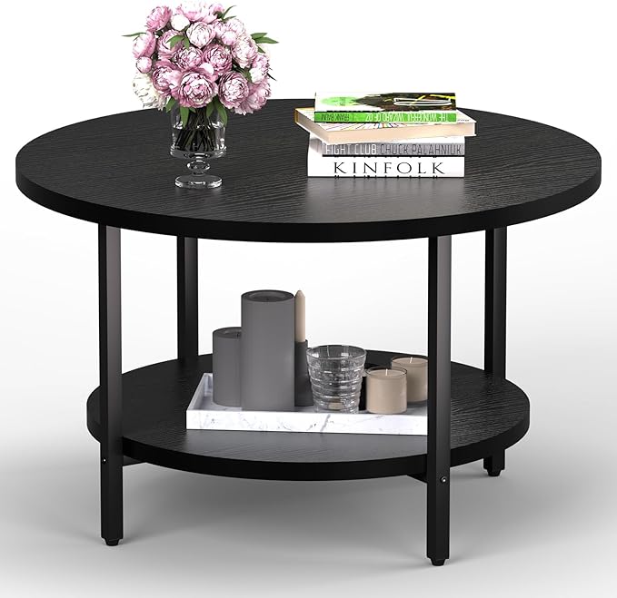 Coffee Table, 27.6“ Circle Coffee Tables for Living Room, 2 Tier Round Coffee Table with Storage, Wood Accent Center Floor Table for Bedroom, Industrial Home Office, Elegant Gray