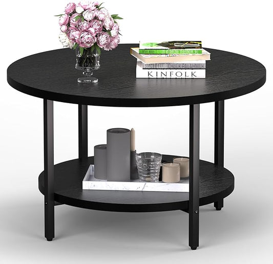 Coffee Table, 27.6“ Circle Coffee Tables for Living Room, 2 Tier Round Coffee Table with Storage, Wood Accent Center Floor Table for Bedroom, Industrial Home Office, Elegant Gray