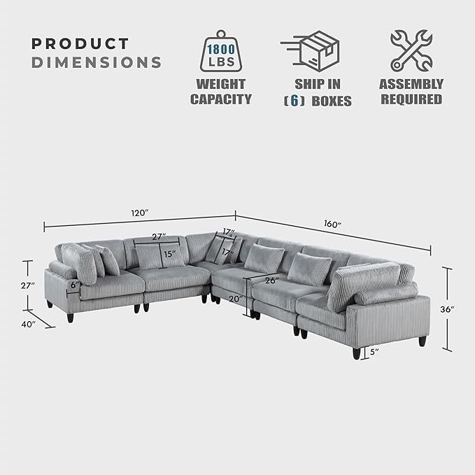 Lexicon 120 Inch Modular Sectional Sofa - Oversized 6 Seater Corduroy L Shaped Sectional Couch, 9 Accent Pillows, and Flexible Arrangement for Modern Living Rooms, Gray