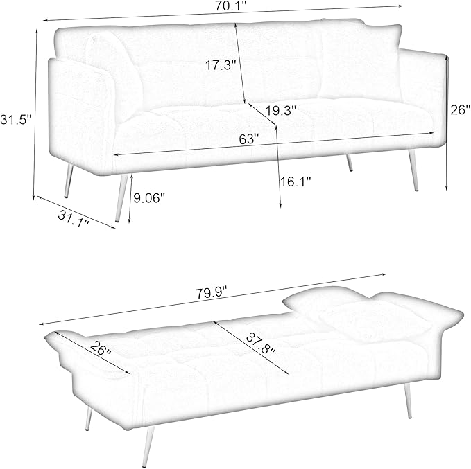 70 inch Upholstered Teddy Fleece Sofabed with Adjustable Arms and Backrest,Modern Convertible Futon Couch W/Metal Legs & Pillows,Love Sofa for Living Room,Bedroom,Apartment,Green, 70"